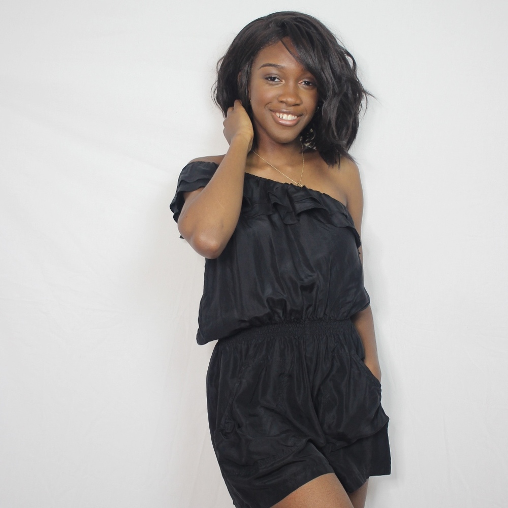 One-Shoulder Black Romper with Ruffles